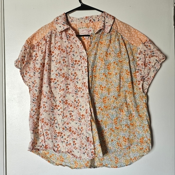 American Eagle cotton floral oversized wide  short-sleeve button-down shirt - Picture 1 of 5
